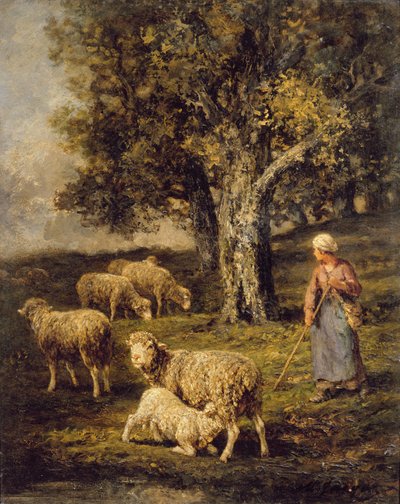 A Shepherdess and Sheep in a Barbizon Landscape by Charles Emile Jacque